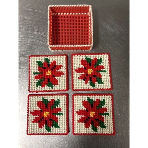 Handmade Plastic Canvas Coaster Set Of 4 Poinsettia Coasters - Picture 3 of 5